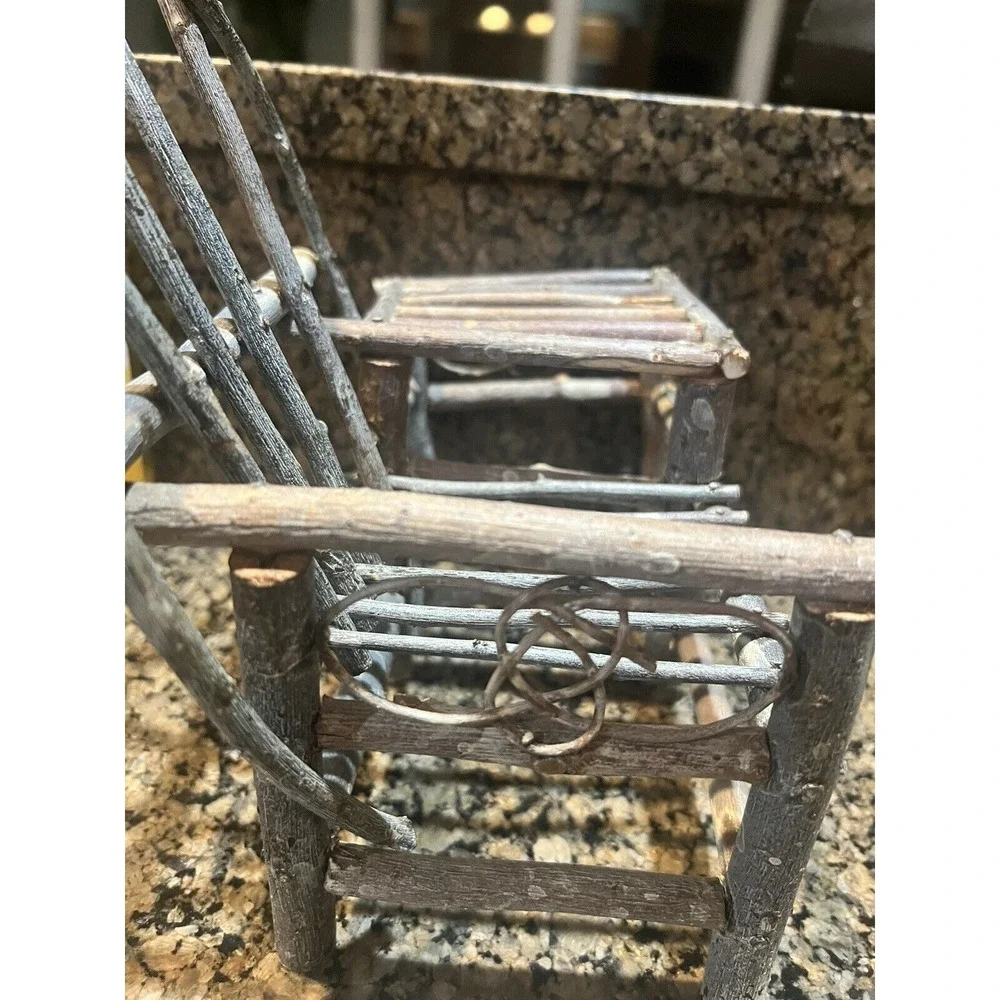 Willow Branch Mini Wood Chair With Attached Table Perfect For Dolls Or Plants